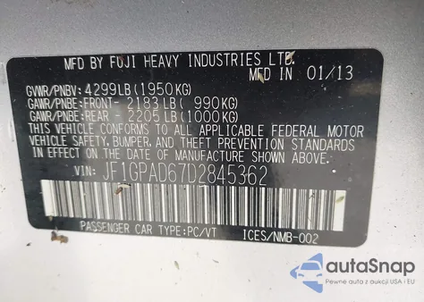 2013 Subaru Impreza 2.0I Premium из США, поврежденный, VIN JF1GPAD67D2845362